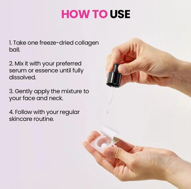 Hands mixing a freeze-dried collagen bead with a dropper of serum, then applying the dissolved mixture to the face.